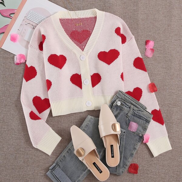 

Plus Heart Pattern V-neck Button Up Cardigan, Baby pink