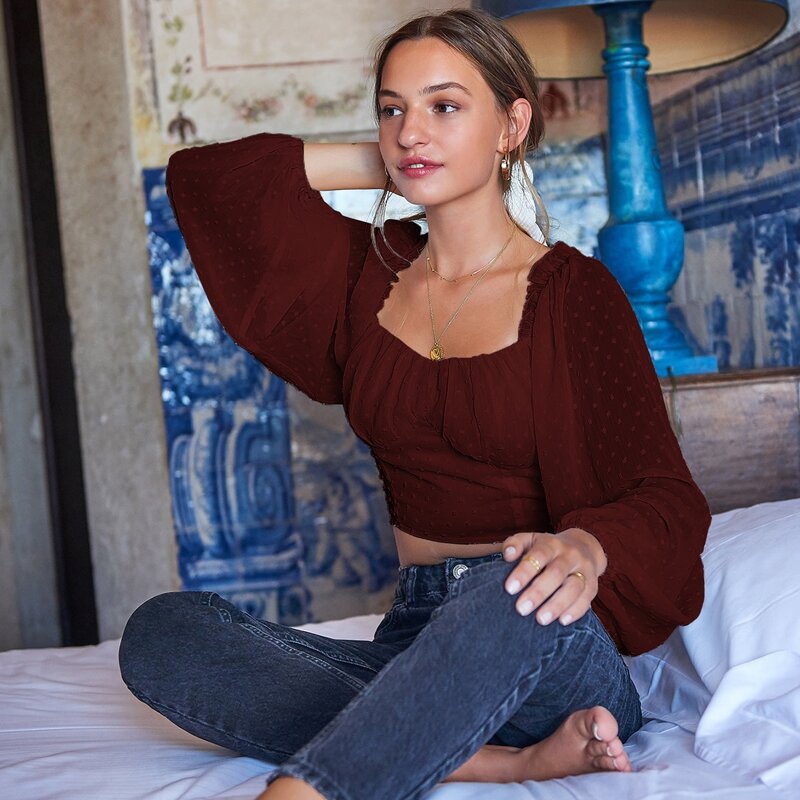

Swiss Dot Lettuce Trim Crop Milkmaid Blouse, Burgundy