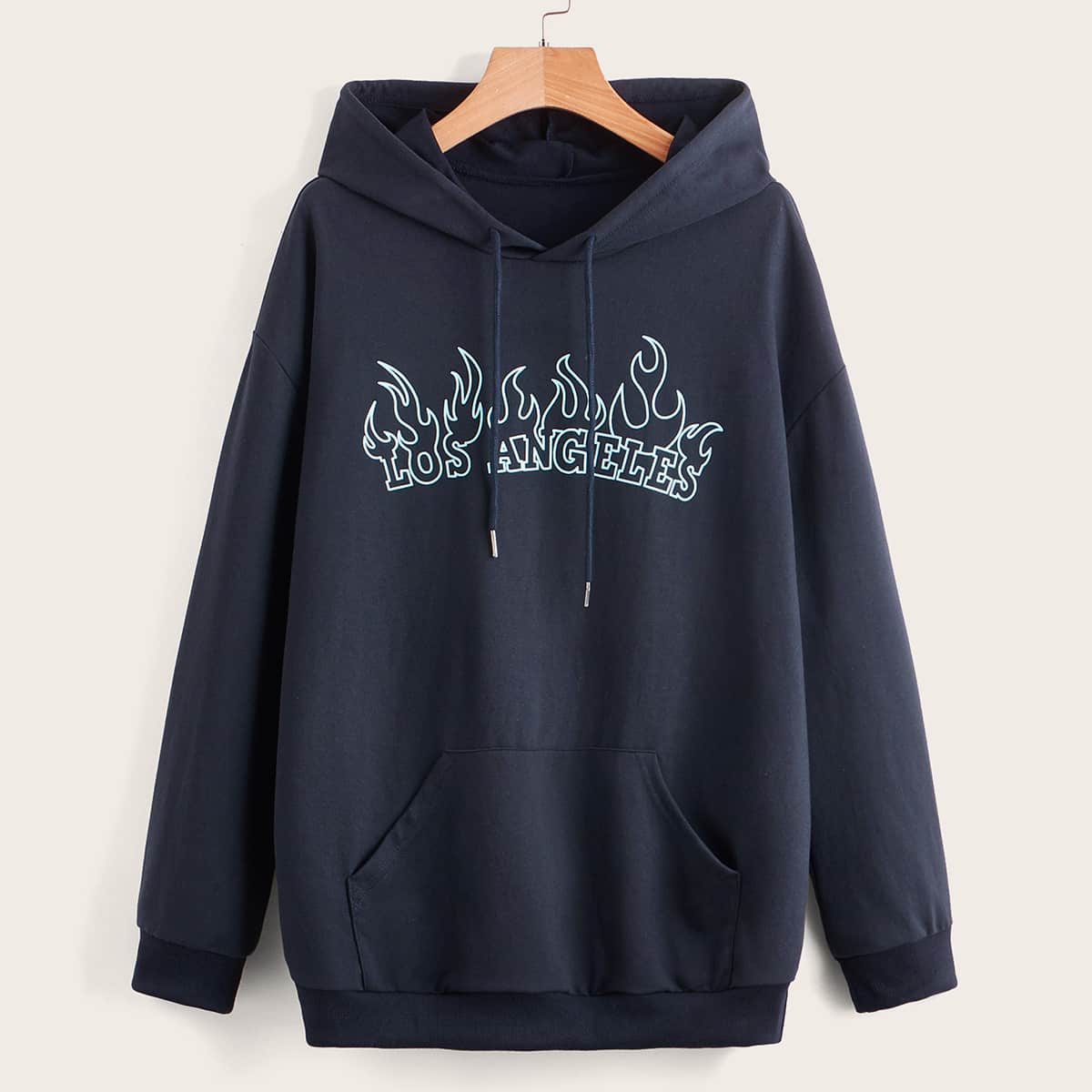 

Letter Fire Graphic Kangaroo Pocket Drawstring Hoodie, Navy blue