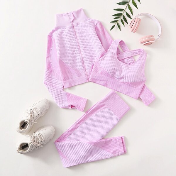 

Seamless 3pcs Sports Bra & Sports Jacket & Sports Leggings, Baby pink