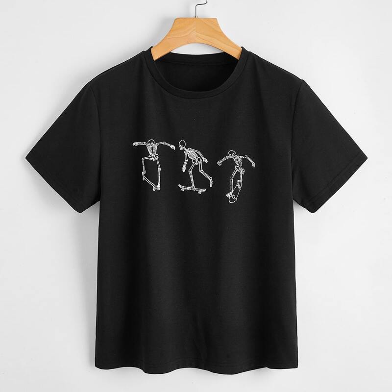 

Skeleton Skateboard Print Tee, Black