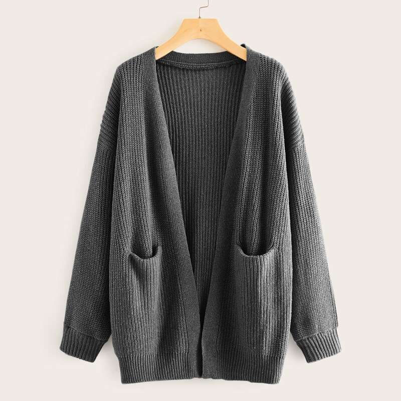 

Ribbed Knit Drop Shoulder Dual Pockets Cardigan, Grey