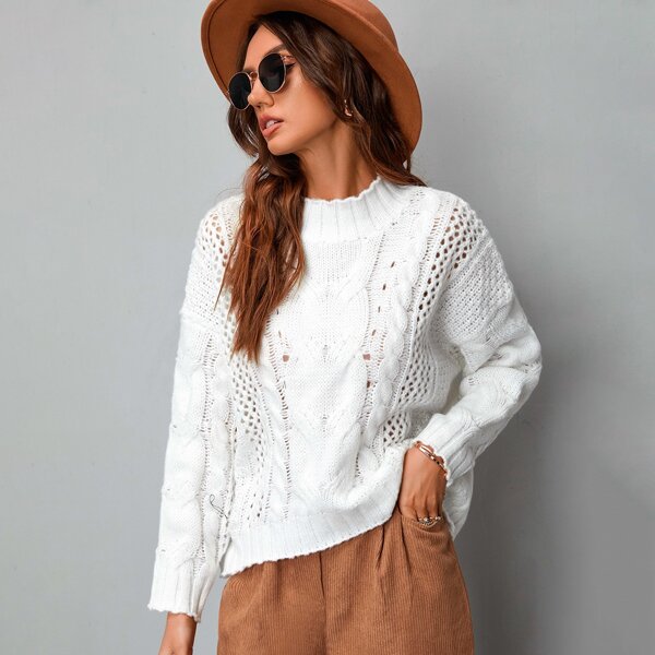 

Mock Neck Cable Knit Drop Shoulder Sweater, White