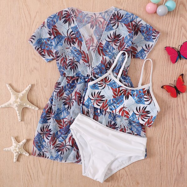 

3pack Toddler Girls Plant Print Bikini Swimsuit & Kimono, Blue