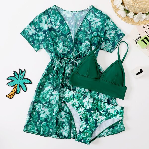 

3pack Girls Floral Print Bikini Swimsuit & Kimono, Green