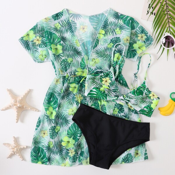 

3pack Girls Plant Print Knot Front Bikini Swimsuit & Kimono, Green