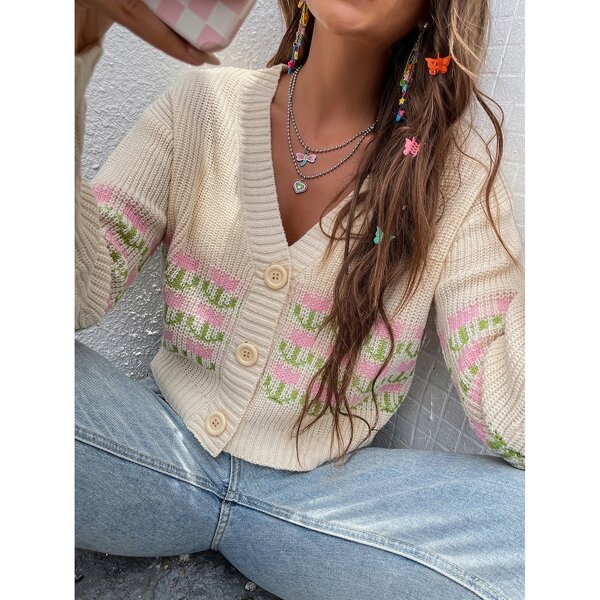 

Plant Pattern Drop Shoulder Cardigan, Multicolor