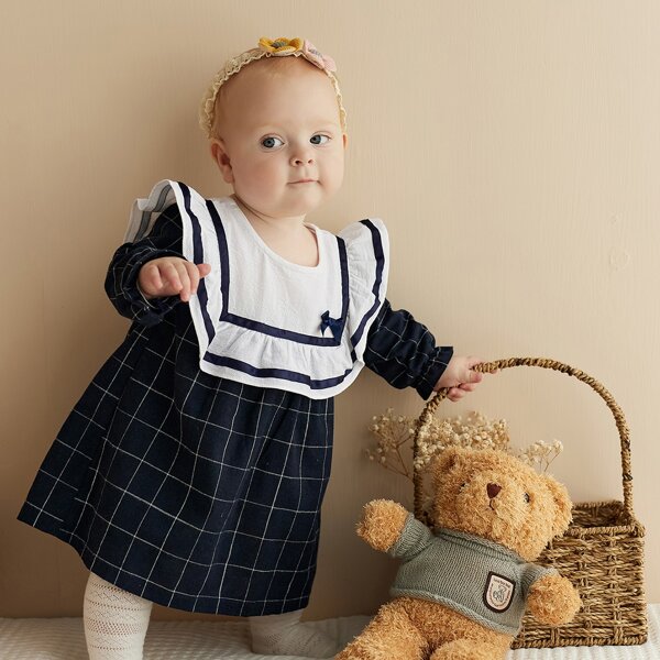 

Baby Windowpane Print Contrast Tape Ruffle Trim Bow Front Dress, Blue and white