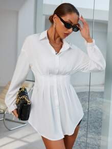 Modelyn Drop Shoulder Fold Pleated Shirt,Long Sleeve Tops Fall Cloth For Women - White - View 1