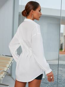 Modelyn Drop Shoulder Fold Pleated Shirt,Long Sleeve Tops Fall Cloth For Women - White - View 2