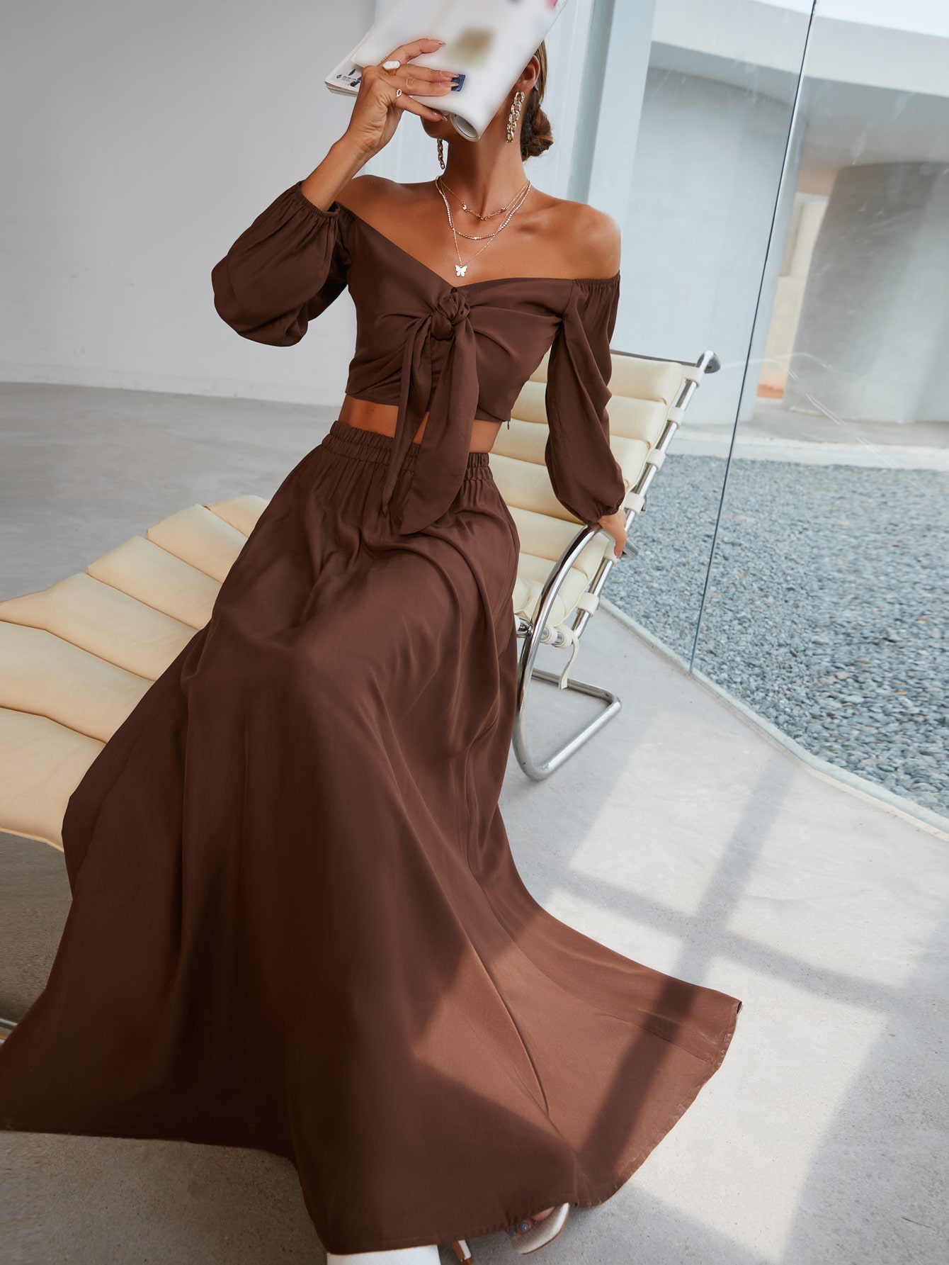 Knot Front Lantern Sleeve Crop Top & Skirt