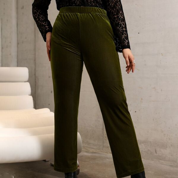 

Plus Solid Straight Leg Pants, Olive green