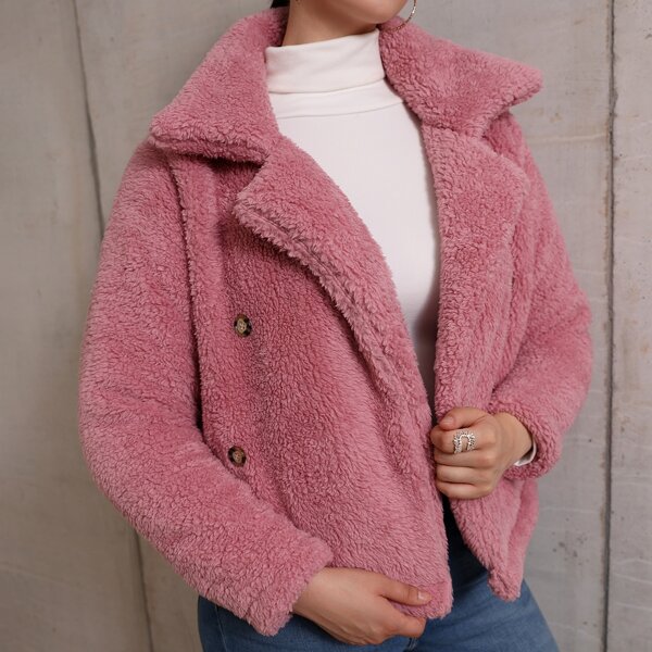 

Plus Double Breasted Open Front Flannel Jacket, Pink
