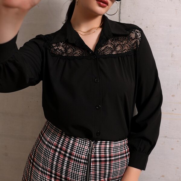

Plus Lace Panel Blouse, Black