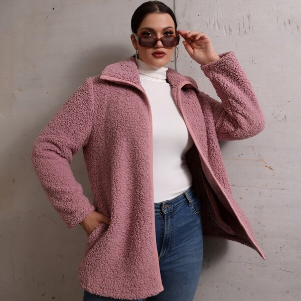 

Plus Solid Zip Up Slant Pockets Teddy Coat, Pink