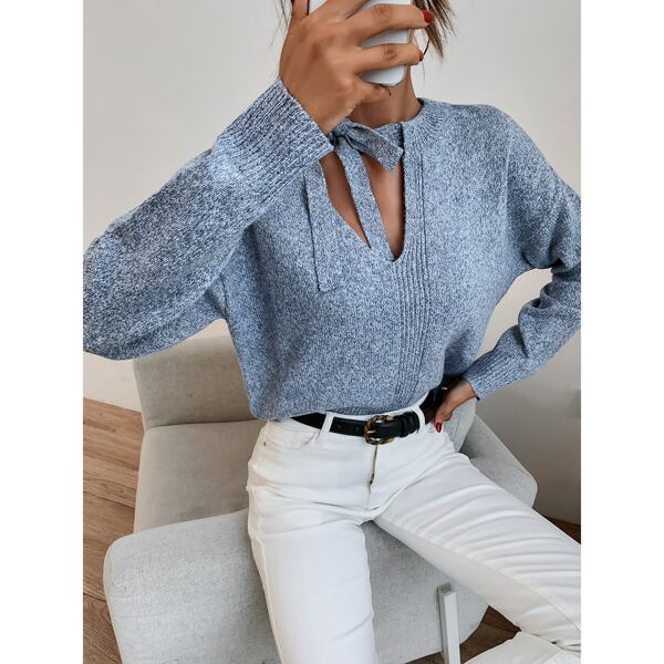 

Tie Neck Batwing Sleeve Sweater, Dusty blue