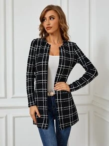 SHEIN Clasi Plaid Open Front Coat - Black - View 1
