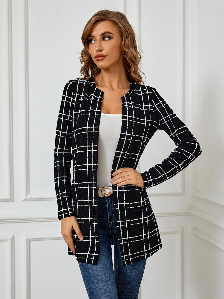 SHEIN Clasi Plaid Open Front Coat - Black - View 1