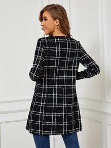 SHEIN Clasi Plaid Open Front Coat - Black - View 2