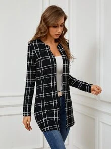 SHEIN Clasi Plaid Open Front Coat - Black - View 5
