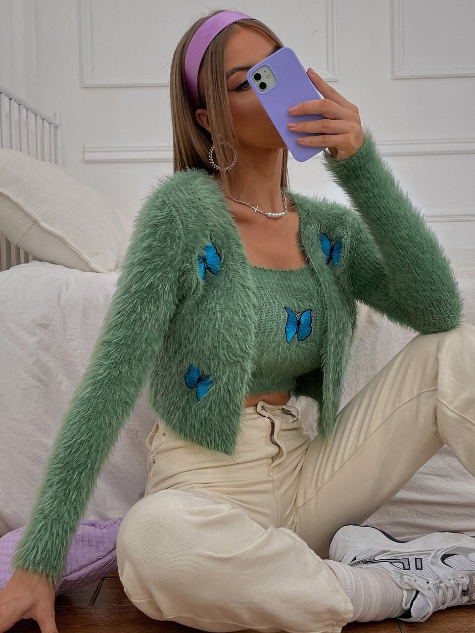 Fluffy Knit Butterfly Embroidery Crop Cami Top And Crop Cardigan