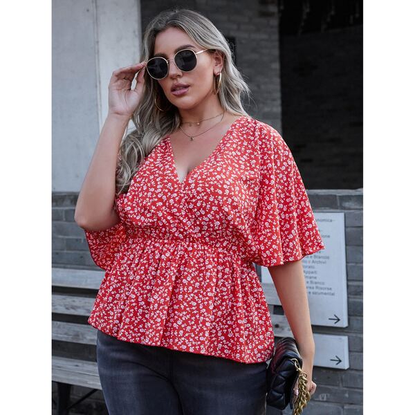 

Plus Ditsy Floral Print Peplum Blouse, Red and white