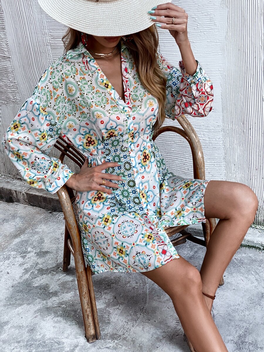 GENKIRA 印花落肩袖前紐扣襯衫連衣裙 - 彩色 - 查看 1