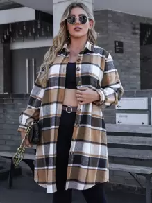 SHEIN LUNE Plus Plaid Button Through Coat Winter Fall Autumn - Camel - View 1