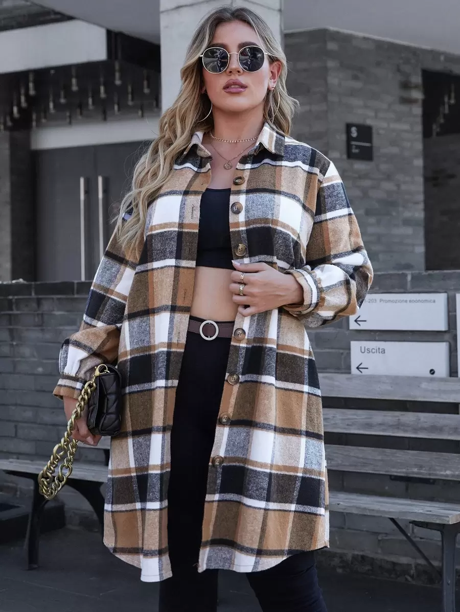 SHEIN LUNE Plus Plaid Button Through Coat Winter Fall Autumn - Camel - View 1