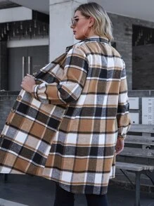 SHEIN LUNE Plus Plaid Button Through Coat Winter Fall Autumn - Camel - View 2