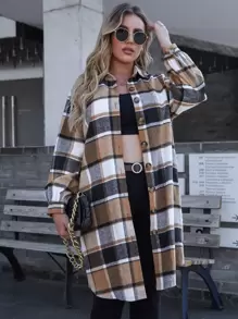 SHEIN LUNE Plus Plaid Button Through Coat Winter Fall Autumn - Camel - View 5