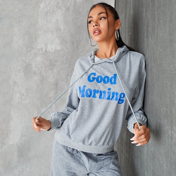 

Slogan Graphic Drop Shoulder Hoodie, Light grey