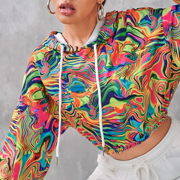 

Marble Print Drop Shoulder Drawstring Crop Hoodie, Multicolor