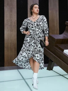 SHEIN Vestido con estampado floral fruncido bajo irregular - Blanco y Negro - Ver 2