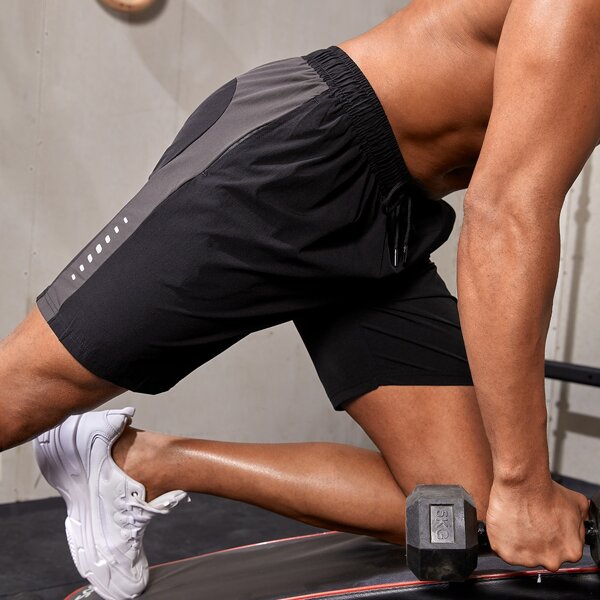 

Men Reflective Colorblock Drawstring Sports Shorts, Black