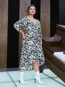 SHEIN Vestido con estampado floral fruncido bajo irregular - Blanco y Negro - Ver 6