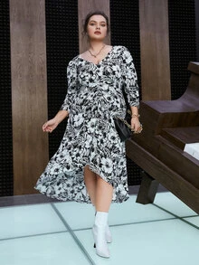 SHEIN Vestido con estampado floral fruncido bajo irregular - Blanco y Negro - Ver 7