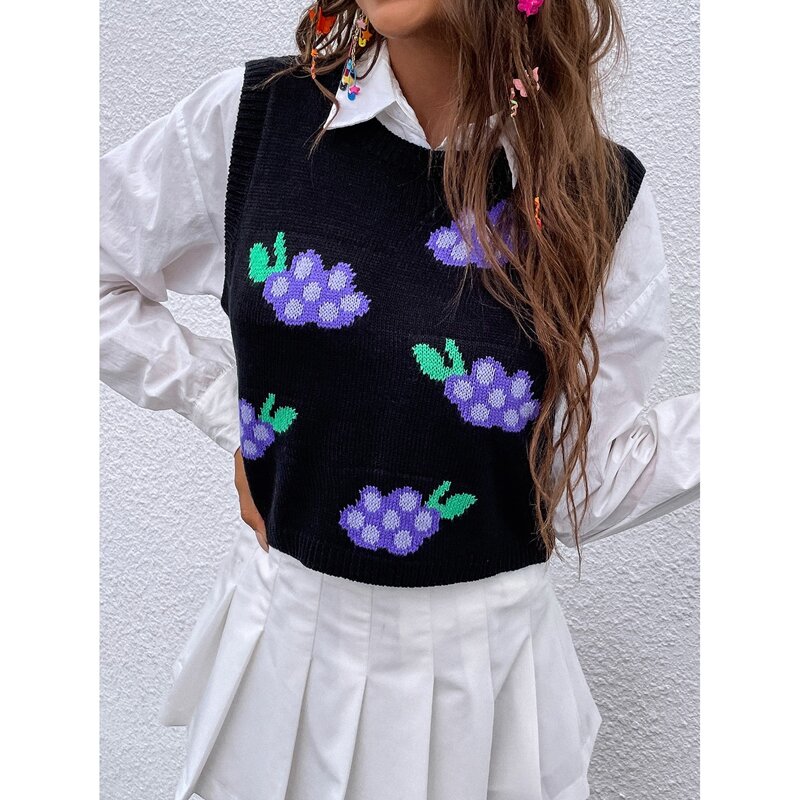 

Fruit Pattern Round Neck Sweater Vest Without Blouse, Multicolor