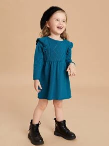 SHEIN Toddler Girls Ruffle Trim Pointelle Knit Jumper Dress - Teal Blue - View 1