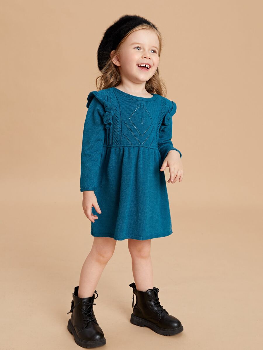 SHEIN Toddler Girls Ruffle Trim Pointelle Knit Jumper Dress - Teal Blue - View 1
