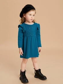 SHEIN Toddler Girls Ruffle Trim Pointelle Knit Jumper Dress - Teal Blue - View 4