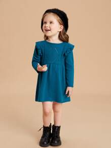 SHEIN Toddler Girls Ruffle Trim Pointelle Knit Jumper Dress - Teal Blue - View 5