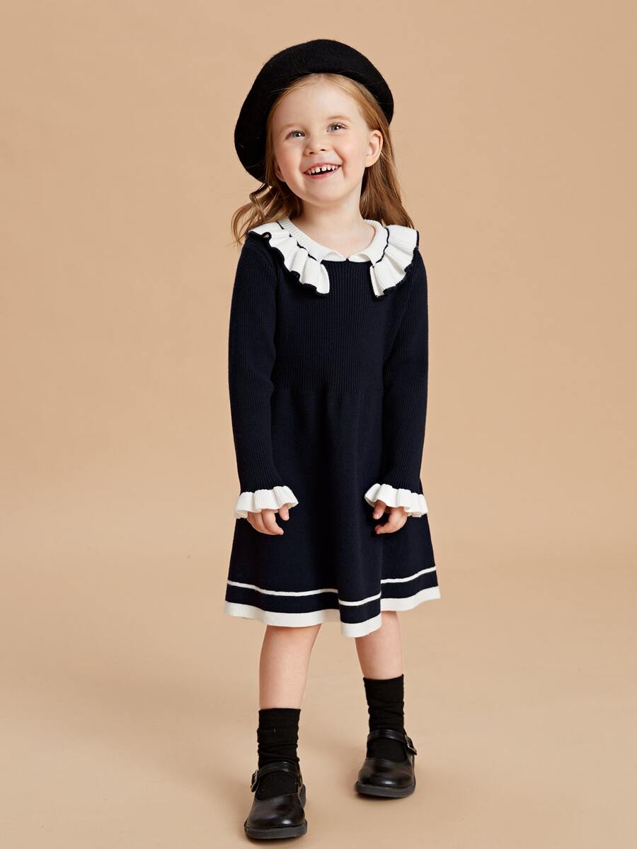 SHEIN Toddler Girls Stripe Pattern Ruffle Trim Flounce Sleeve Jumper Dress - Navy Blue - View 1
