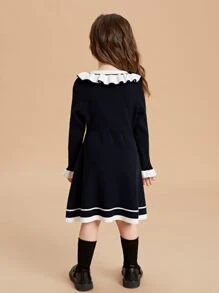 SHEIN Toddler Girls Stripe Pattern Ruffle Trim Flounce Sleeve Jumper Dress - Navy Blue - View 2