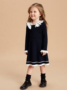 SHEIN Toddler Girls Stripe Pattern Ruffle Trim Flounce Sleeve Jumper Dress - Navy Blue - View 3