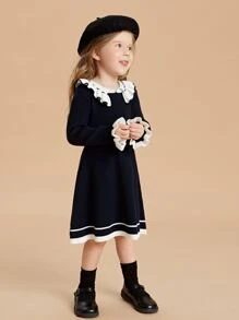 SHEIN Toddler Girls Stripe Pattern Ruffle Trim Flounce Sleeve Jumper Dress - Navy Blue - View 4