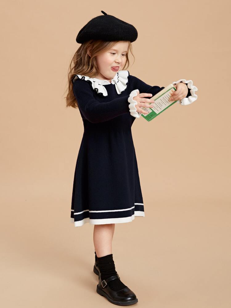 SHEIN Toddler Girls Stripe Pattern Ruffle Trim Flounce Sleeve Jumper Dress - Navy Blue - View 5