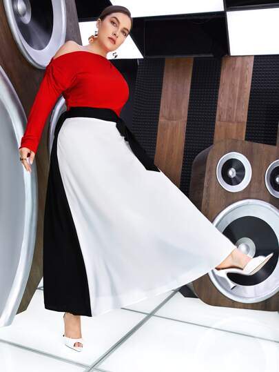 SHEIN Plus Two Tone Belted Skirt