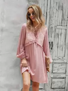 Solid Tie Neck Ruffle Trim Dress - Pink - View 1