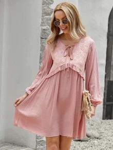 Solid Tie Neck Ruffle Trim Dress - Pink - View 3